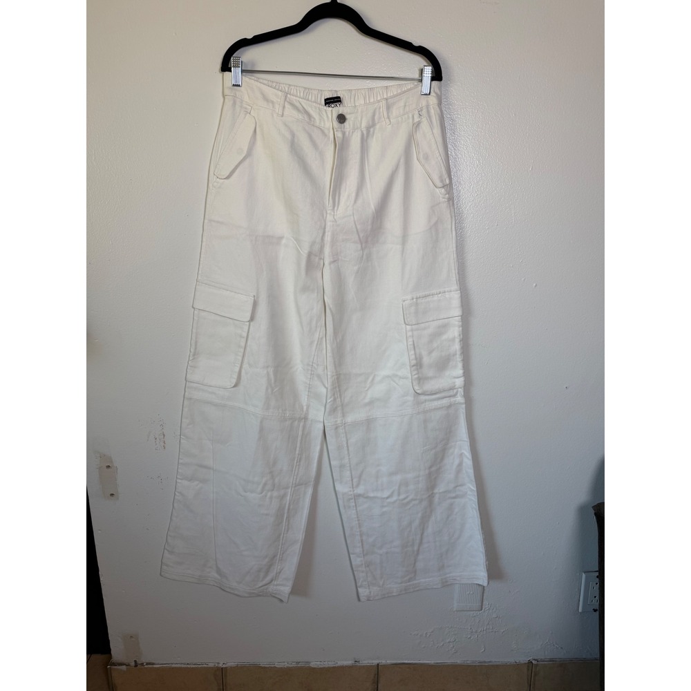 Roxy Chloe Kim Collab White Wide Leg Cargo Pants XL Y2K Utility Streetwear